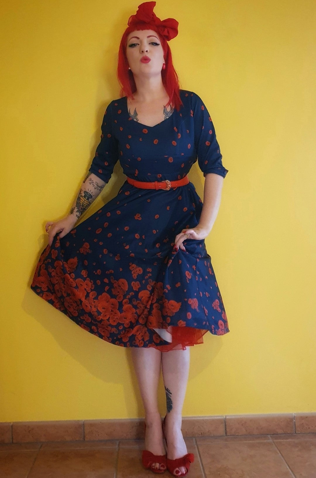 Women's Long Sleeved Midi Dress in Navy & Red Poppy