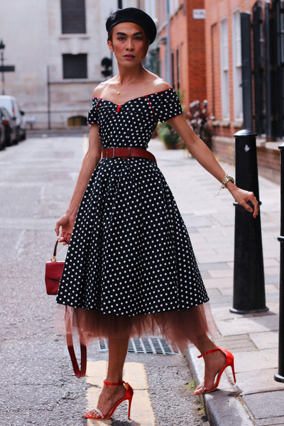 Lily Off Shoulder Swing Dress in Black White Dots with Red Details