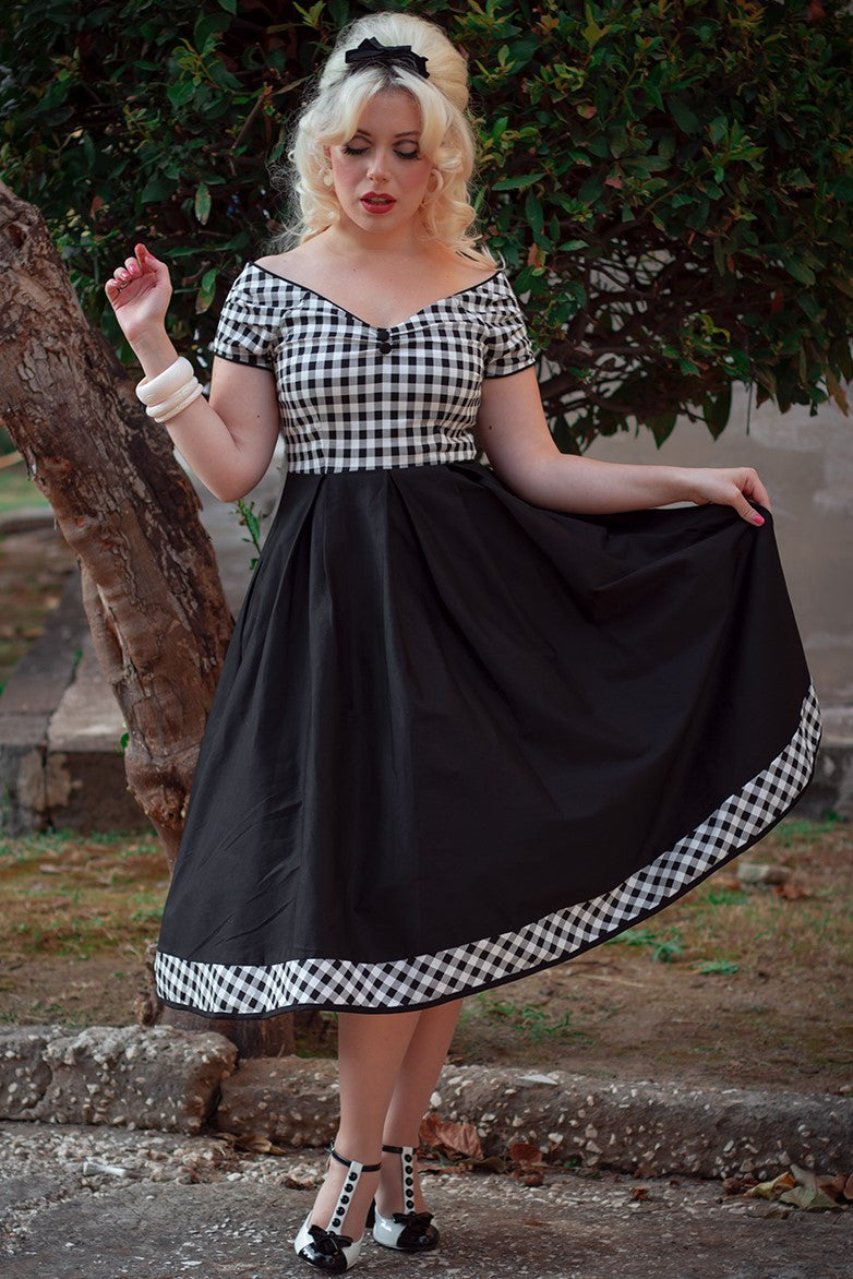 Women's Off Shoulder Monochrome Checkered Swing Dress