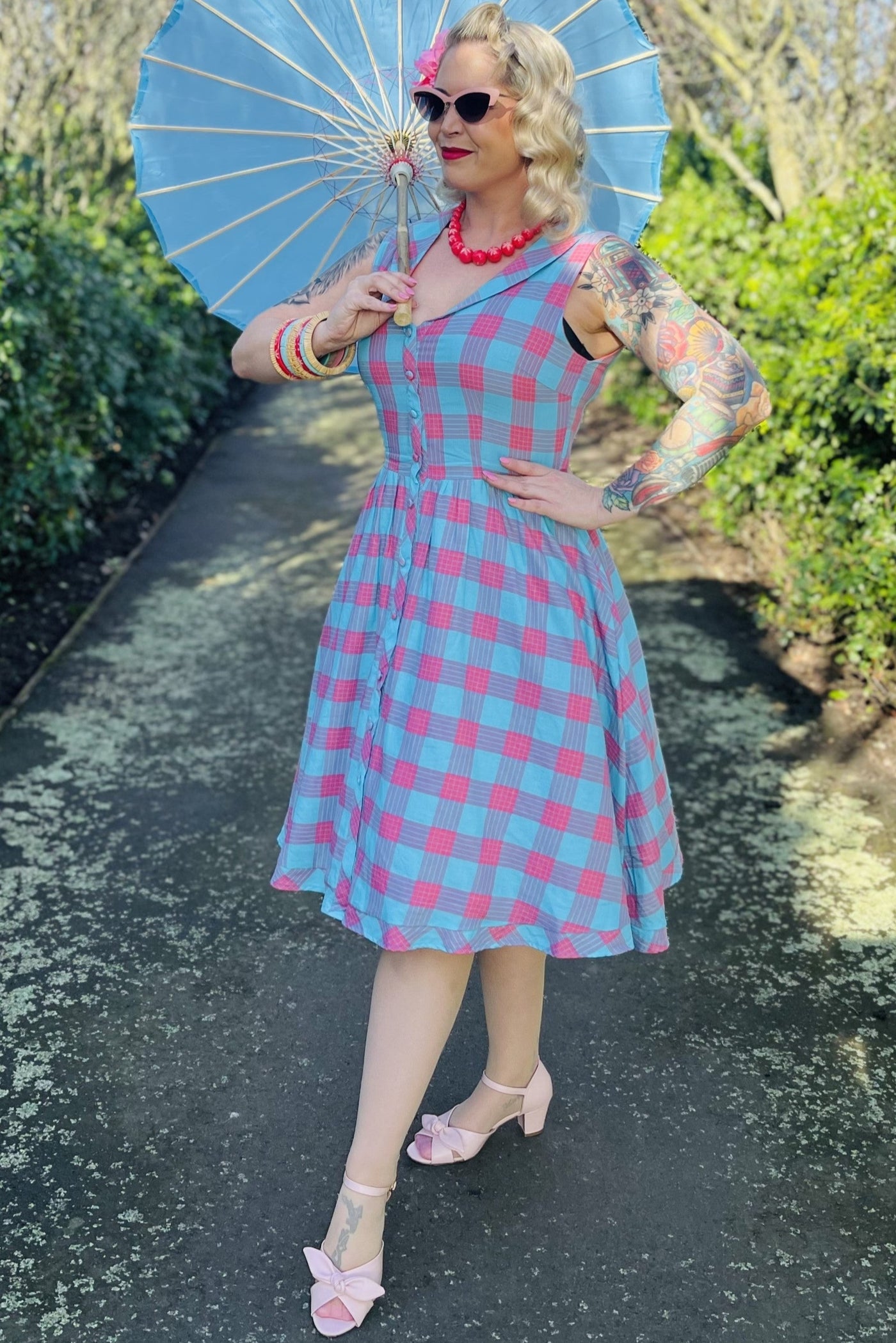 Maverick Luxury Blue & Pink Check Sleeveless Flared Dress