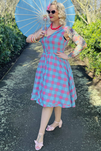Maverick Luxury Blue & Pink Check Sleeveless Flared Dress