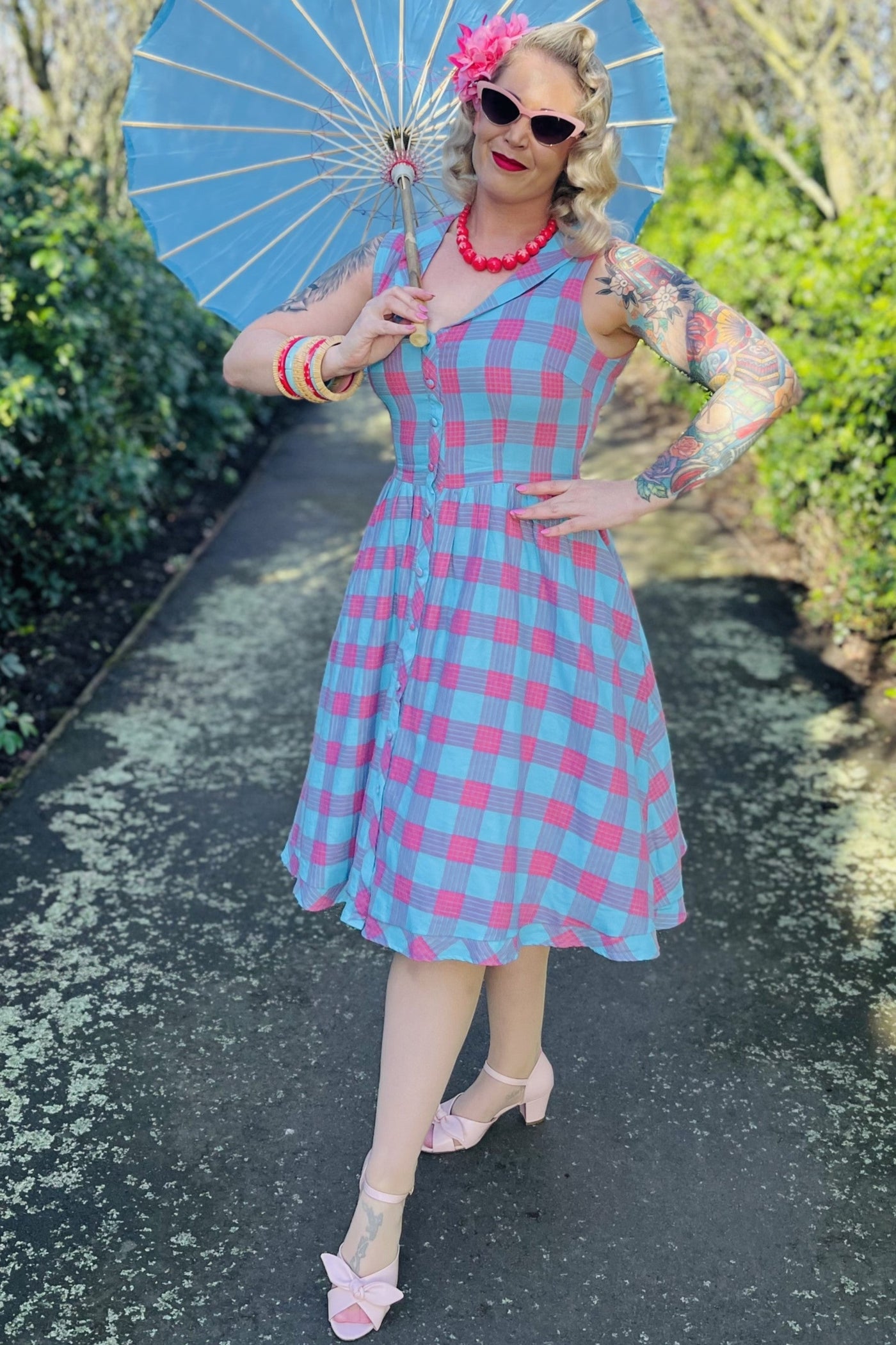 Maverick Luxury Blue & Pink Check Sleeveless Flared Dress