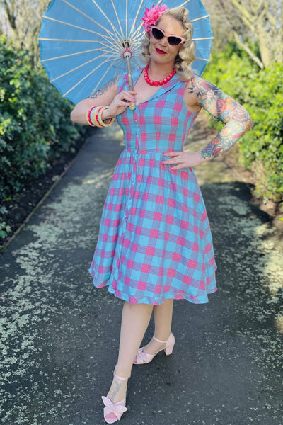 Maverick Luxury Blue & Pink Check Sleeveless Flared Dress