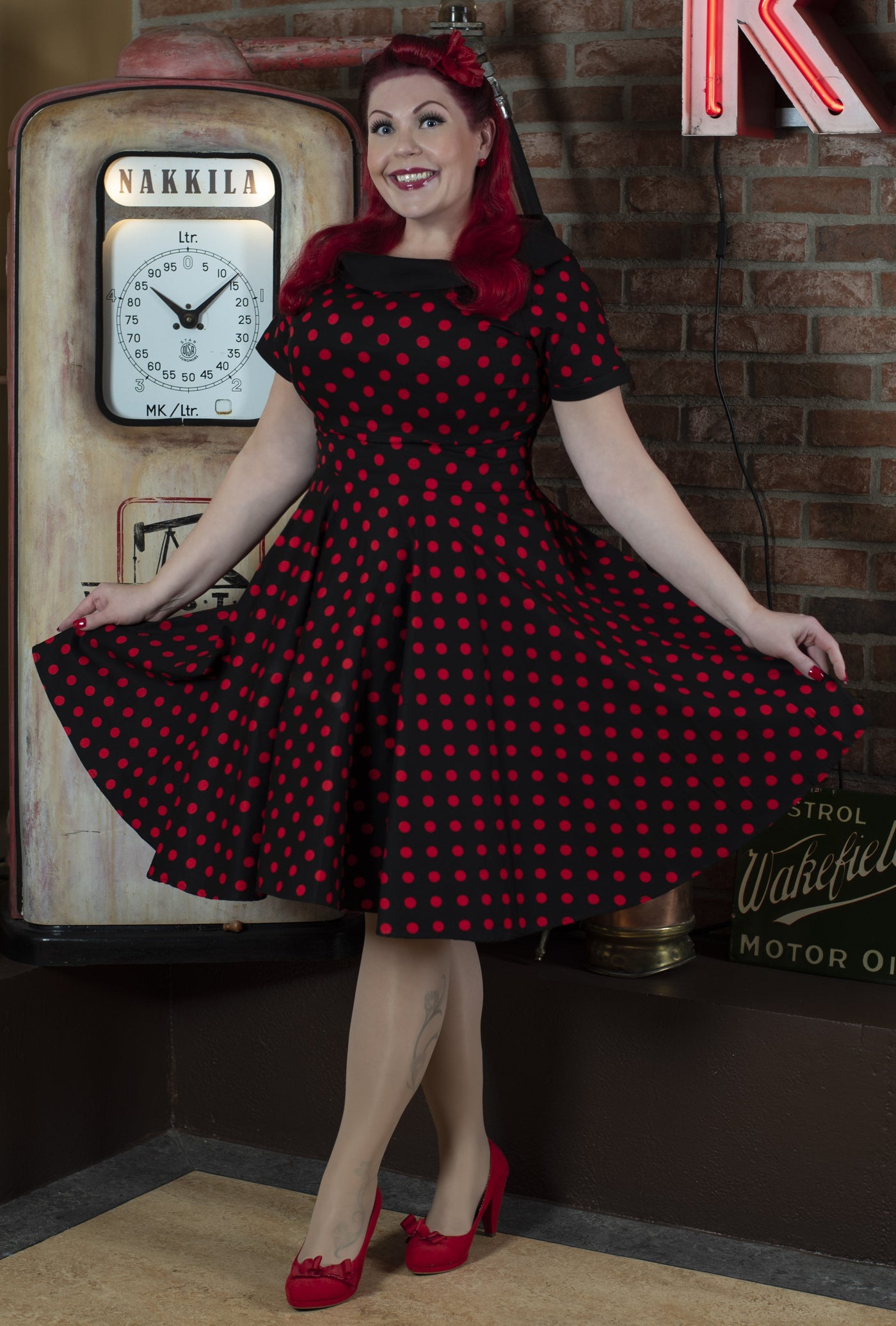 Women's Rockabilly Black & Red Spot Swing Dress