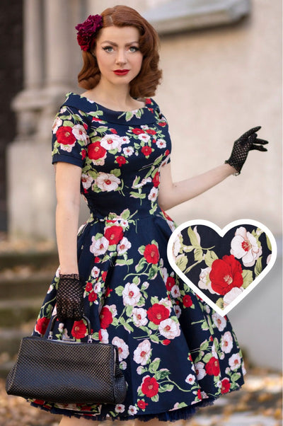 Woman's Retro Floral Roses Swing Dress in Navy Blue