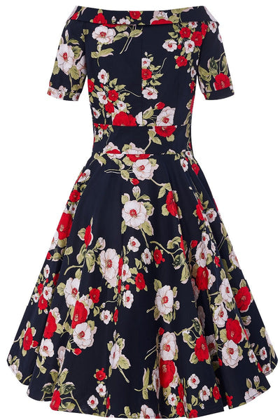 Woman's Retro Floral Roses Swing Dress in Navy Blue