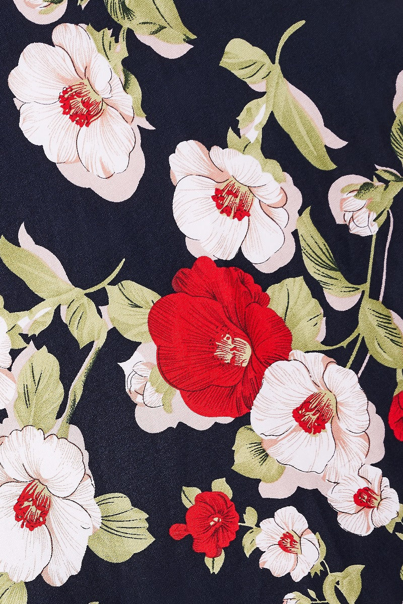 Woman's Retro Floral Roses Swing Dress in Navy Blue
