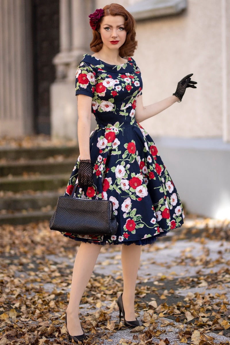 Woman's Retro Floral Roses Swing Dress in Navy Blue