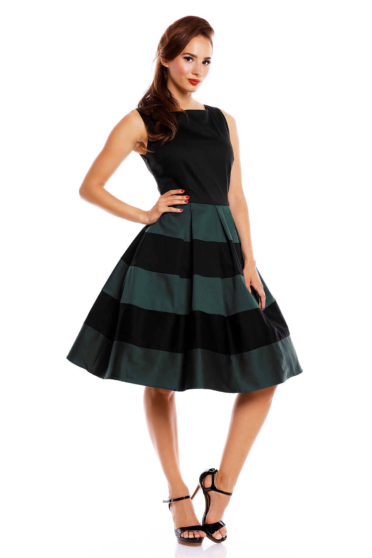 Adorable Striped 50s Inspired Swing Dress in Black-Green