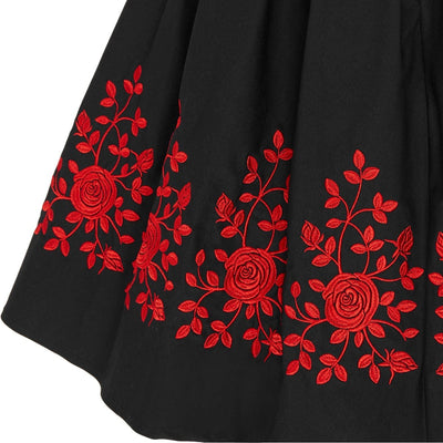 Amanda Embroidered Scoop Neck Swing Dress in Black-Red
