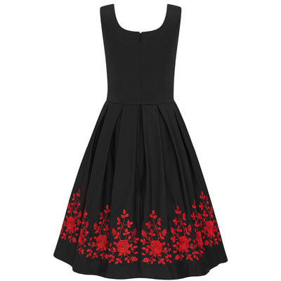Amanda Embroidered Scoop Neck Swing Dress in Black-Red
