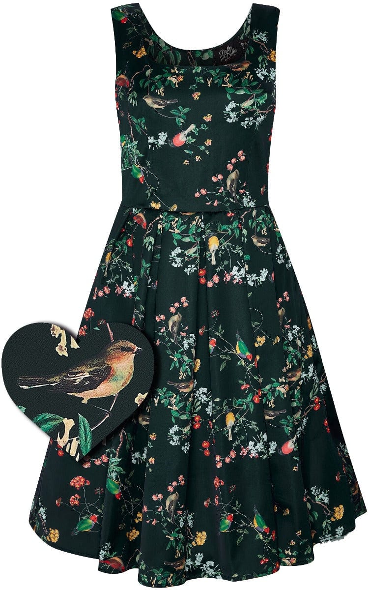 Amanda 50s Inspired Flared Swing Dress Black Birds & Leaves
