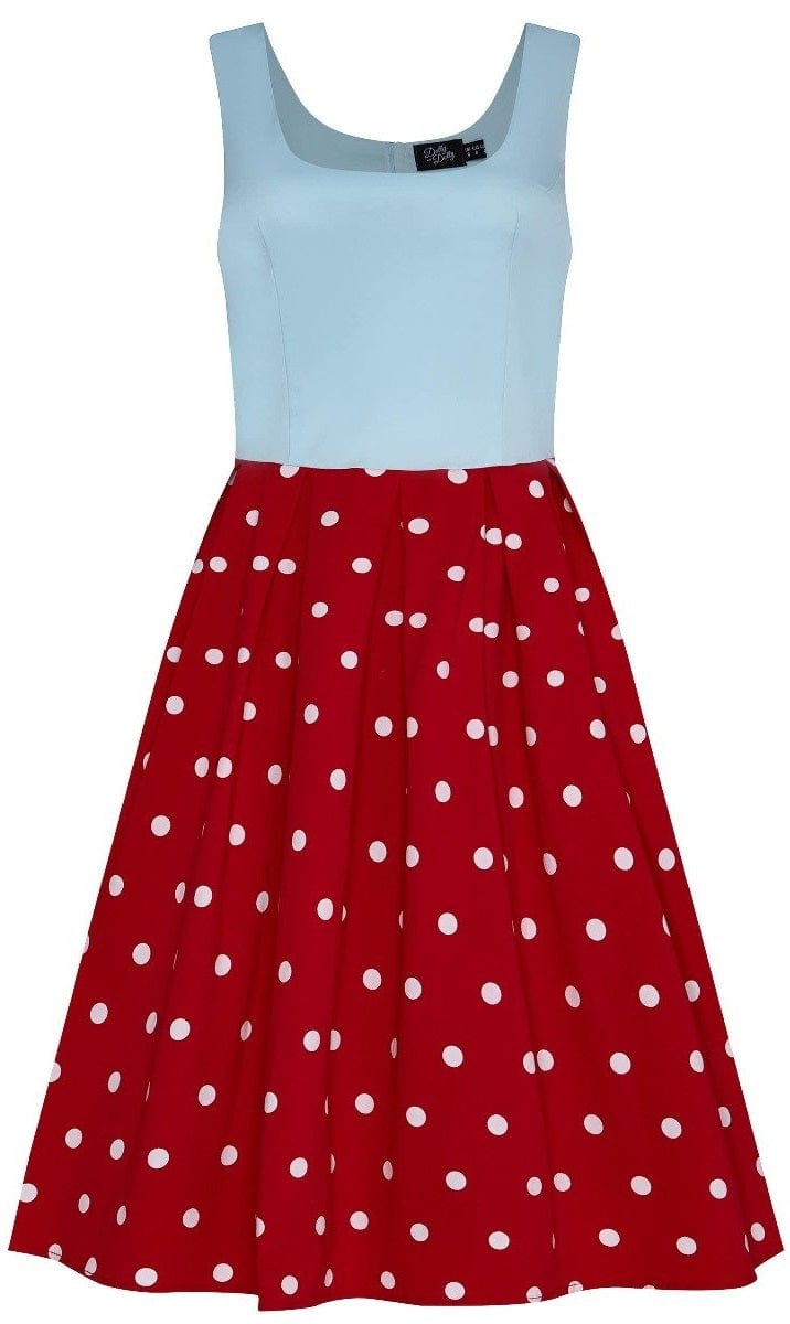 Vintage Polka Dot Scoop Neck Swing Dress in White and Red
