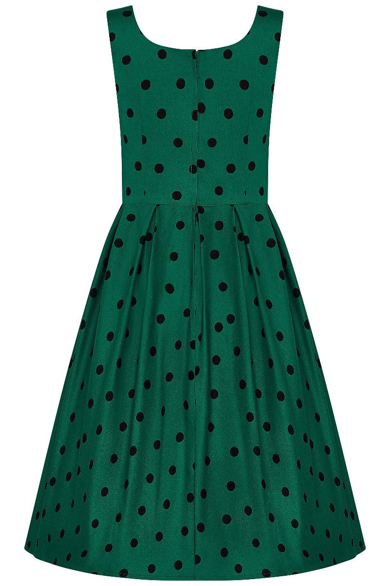 Amanda Scoop Neck Swing Dress in Green-Black Polka Dot
