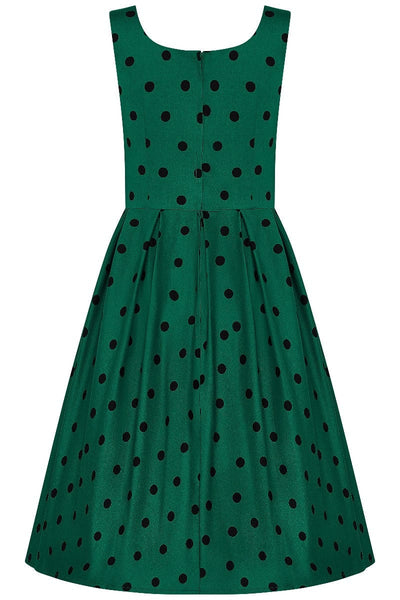 Amanda Scoop Neck Swing Dress in Green-Black Polka Dot