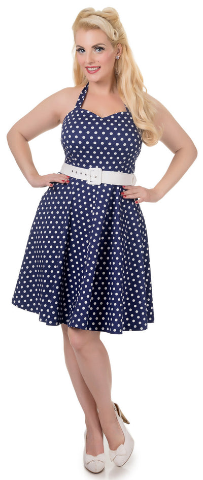 Penny Full Circle Polka Dot Dress in Navy Blue