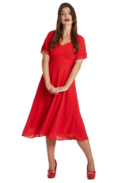Meredith 50's V-Neck Chiffon Swing Dress in Red