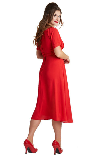 Meredith 50's V-Neck Chiffon Swing Dress in Red