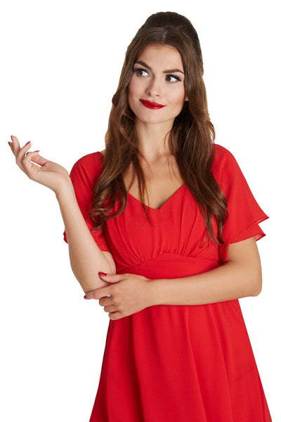 Meredith 50's V-Neck Chiffon Swing Dress in Red