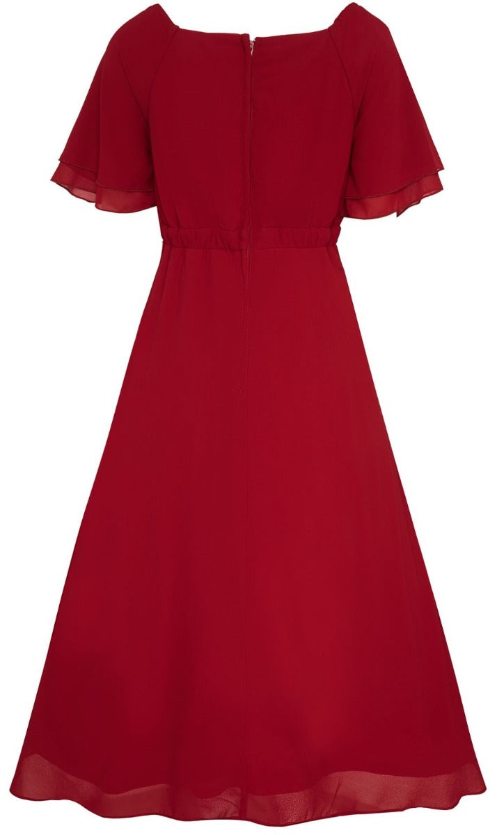 Meredith 50's V-Neck Chiffon Swing Dress in Red