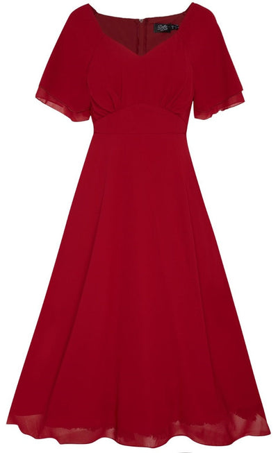 Meredith 50's V-Neck Chiffon Swing Dress in Red