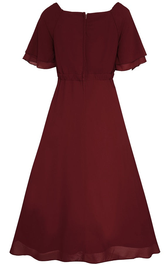 Meredith Comfortable Flattering Floaty Chiffon Dress in Burgundy