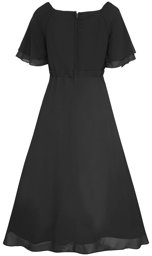 Meredith 50's V-Neck Chiffon Swing Dress in Black