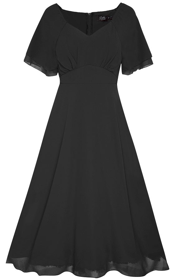 Meredith 50's V-Neck Chiffon Swing Dress in Black