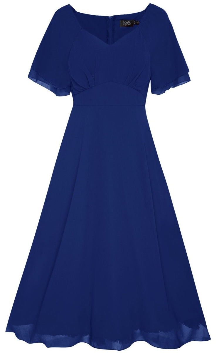 Meredith 50's V-Neck Chiffon Swing Dress in Navy