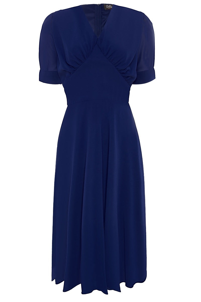 Elise Retro Balloon Sleeves Chiffon Swing Dress in Navy