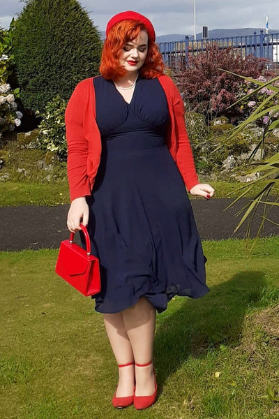 Elise Retro Balloon Sleeves Chiffon Swing Dress in Navy