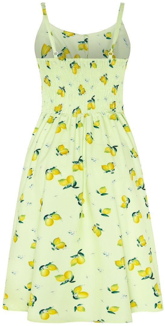 Classic Button Up Strappy Lemon Print Summer Dress in Light Green
