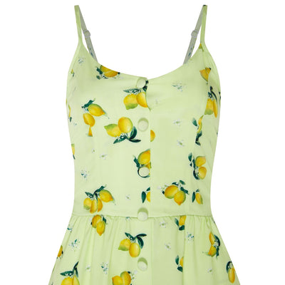 Classic Button Up Strappy Lemon Print Summer Dress in Light Green
