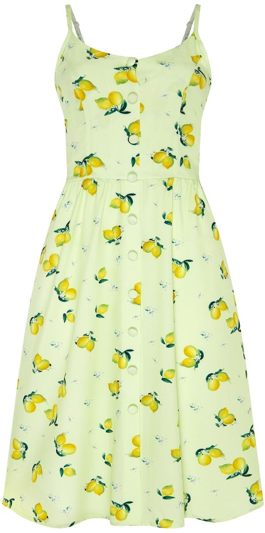 Classic Button Up Strappy Lemon Print Summer Dress in Light Green
