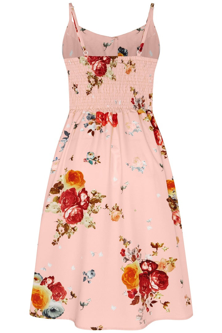 Classic Button Up Strappy Pink Rose Printed Summer Dress
