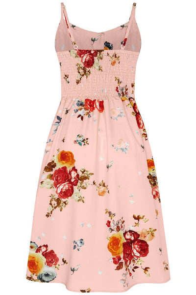 Classic Button Up Strappy Pink Rose Printed Summer Dress

