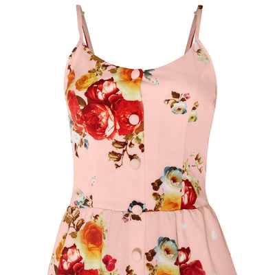 Classic Button Up Strappy Pink Rose Printed Summer Dress
