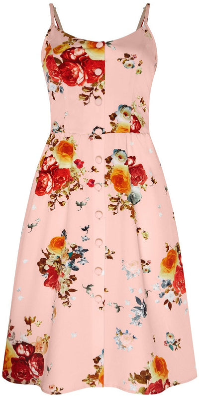 Classic Button Up Strappy Pink Rose Printed Summer Dress
