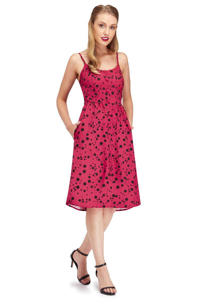 Classic Button Up Strappy Polka Dot Summer Dress in Pink
