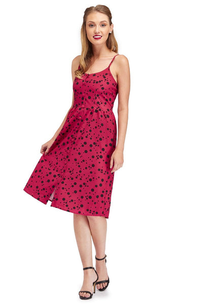 Classic Button Up Strappy Polka Dot Summer Dress in Pink
