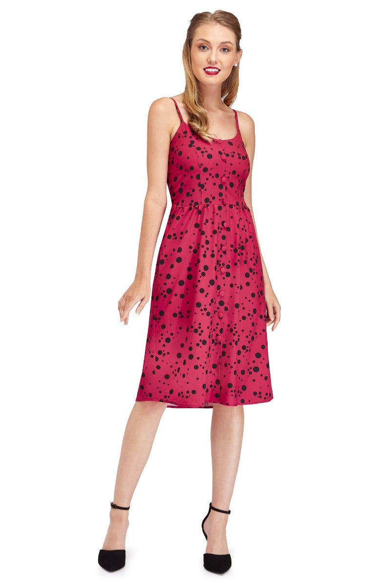Classic Button Up Strappy Polka Dot Summer Dress in Pink
