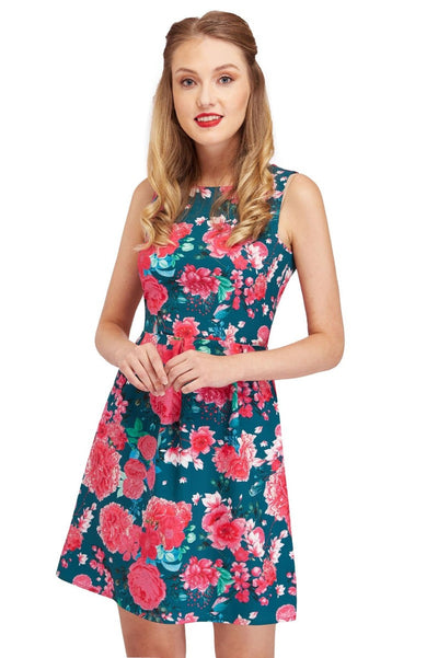 Sleeveless Classic Floral Dress in Blue with Carnation Print and Pockets

