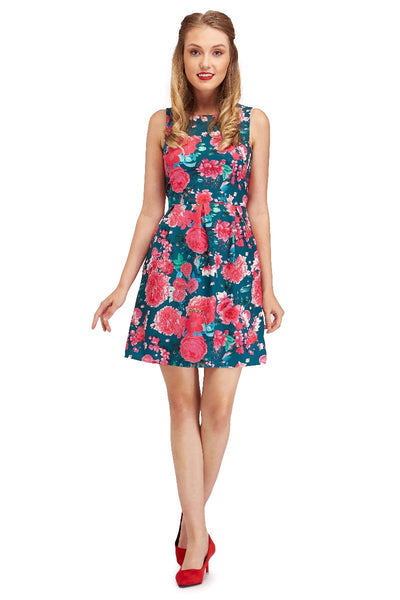 Sleeveless Classic Floral Dress in Blue with Carnation Print and Pockets

