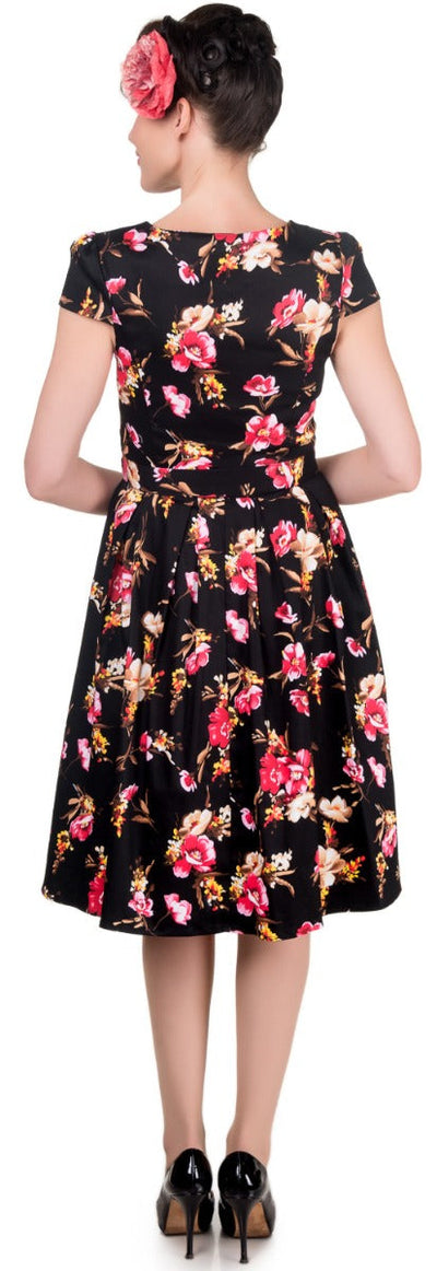 Classic Floral Black Swing Dress with Sleeves and pockets
