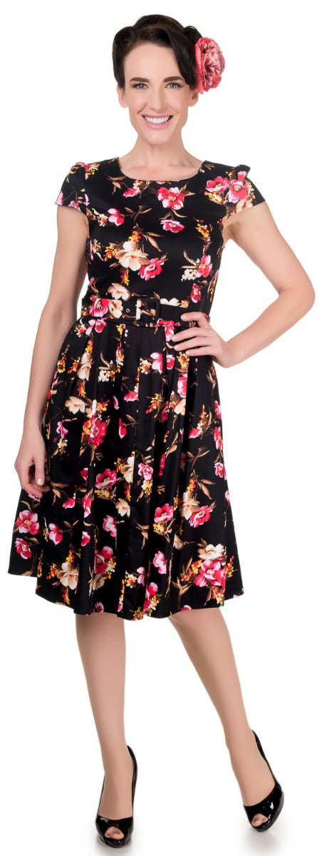 Classic Floral Black Swing Dress with Sleeves and pockets

