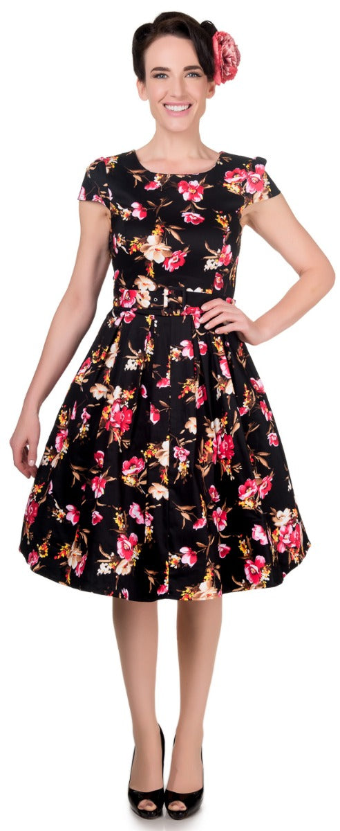 Classic Floral Black Swing Dress with Sleeves and pockets
