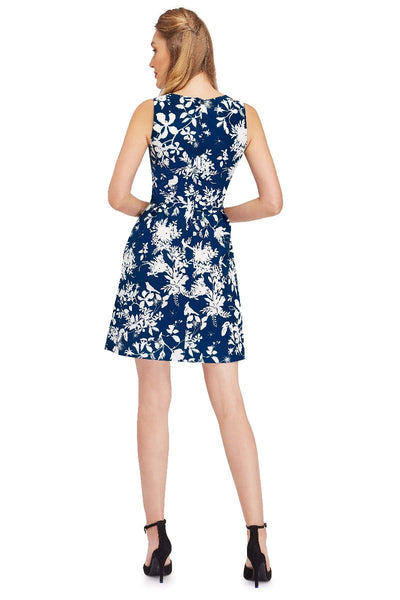 Classic Sleeveless Summer Dress in Dark Blue with White Floral Print
