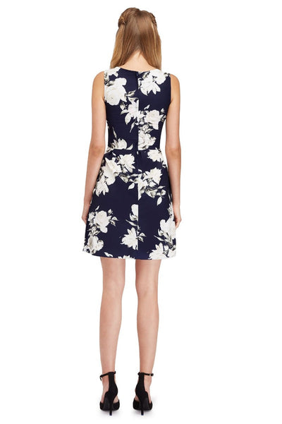 Sleeveless Classic Vintage Dress with White Roses Print in Navy Blue and Pockets
