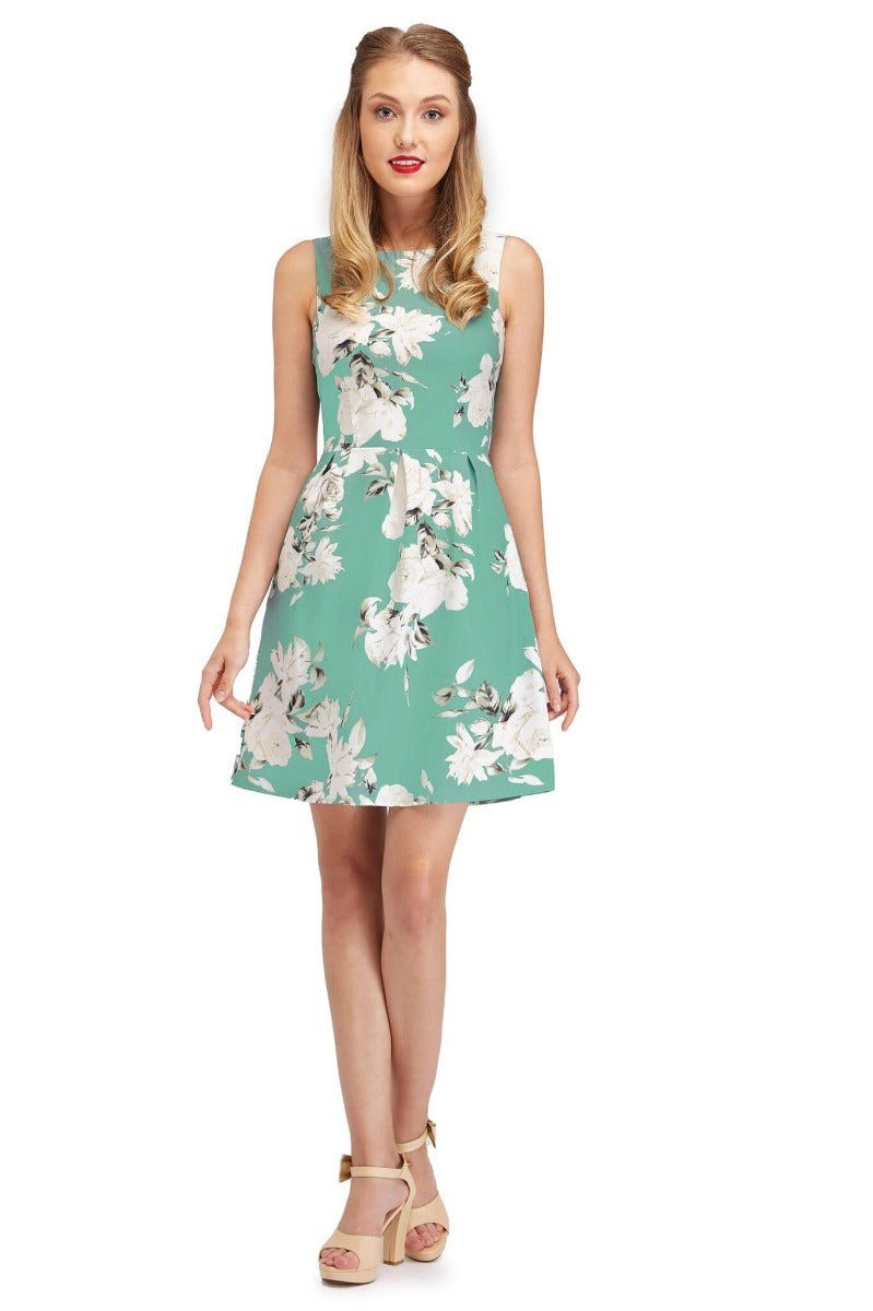 Classic Sleeveless Summer Dress with White Rose Print and Pockets
