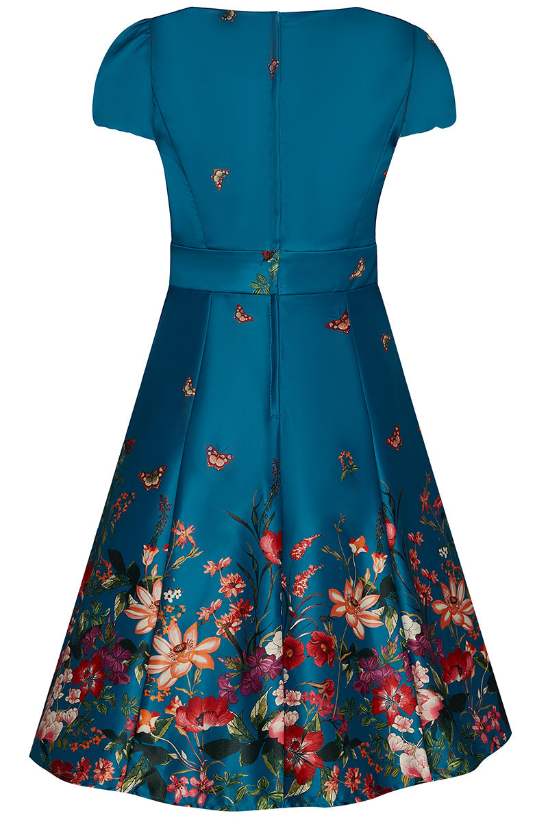 Claudia Fifties Inspired Dress in Teal with Raising Flower